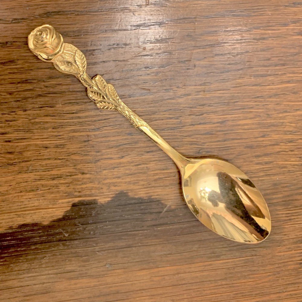 Vintage 24k Plated Gold Stainless Steel Demitasse Collectible Spoon w/ Roses